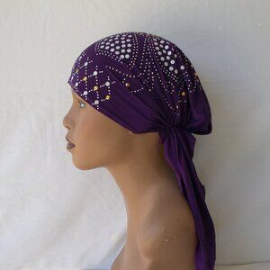 PURPLE Pre-Tied Stud Chemo Cap Slip On Bonnet Hijab Undercap #4